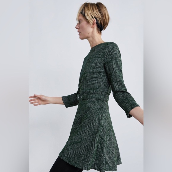 Zara Tweed Belted Fit & Flare Cropped Sleeve Mini Short Dress, Forest Green, Med - Picture 2 of 15